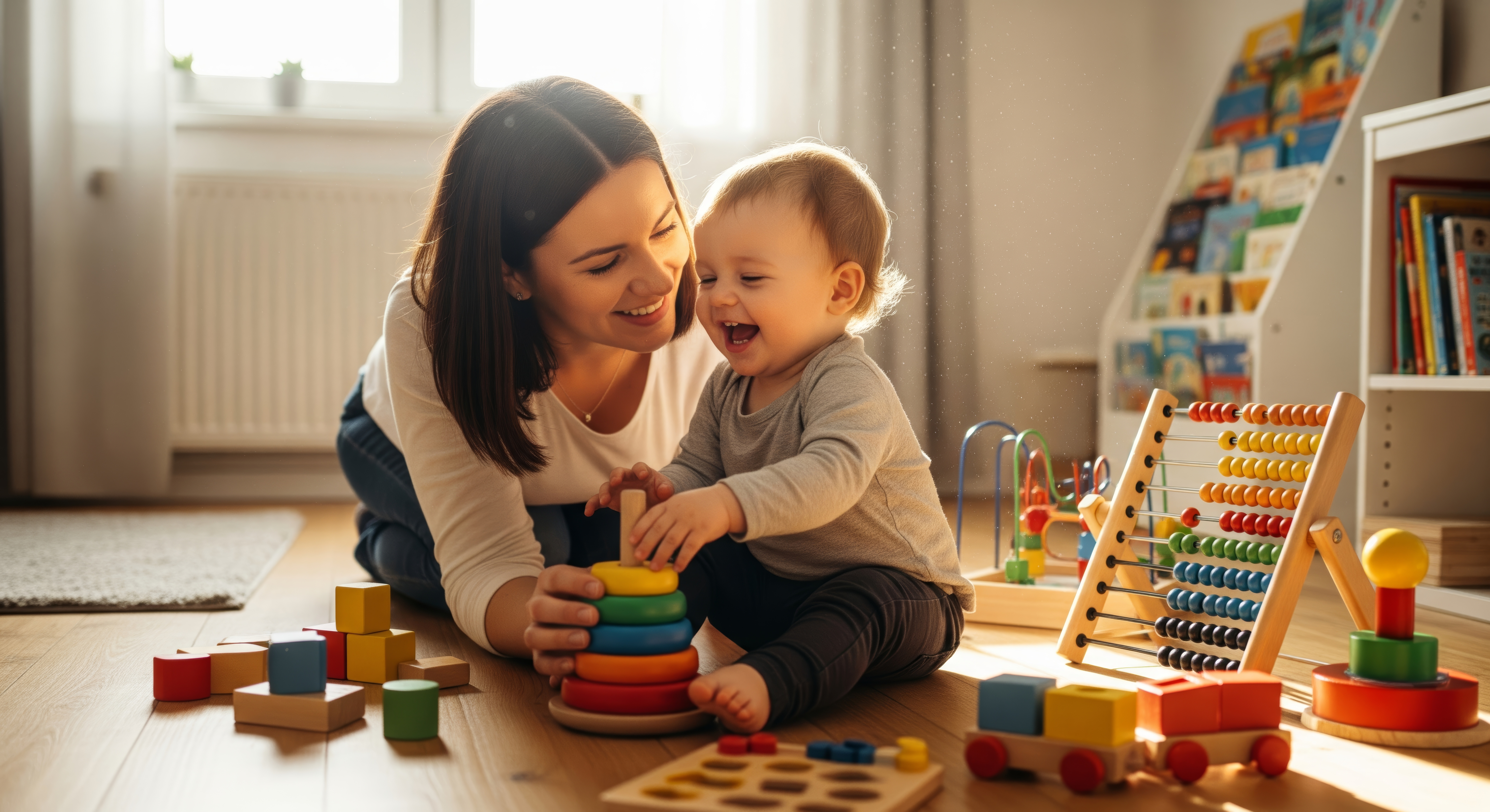 Mother and her cute toddler child playing happily together on a soft rug in a sun-drenched living room.