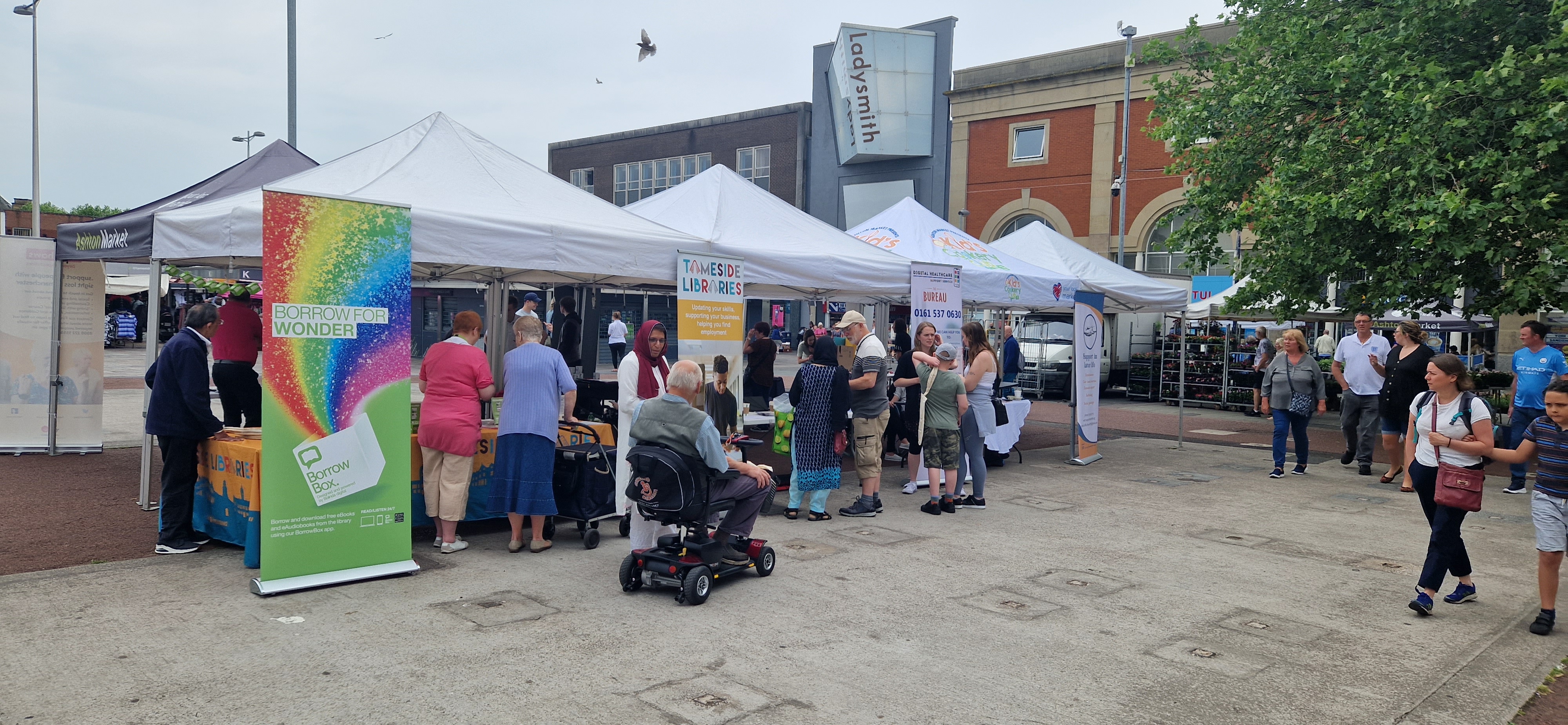 Stalls in Ashton-under-Lyne town centre for the TechKnow festival